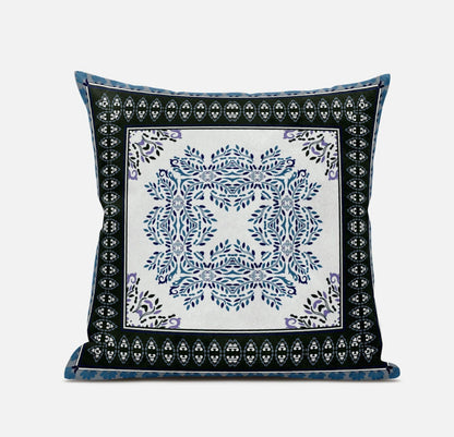 18" X 18" Black Ivory Blue Geometric Blown Seam Suede Throw Pillow