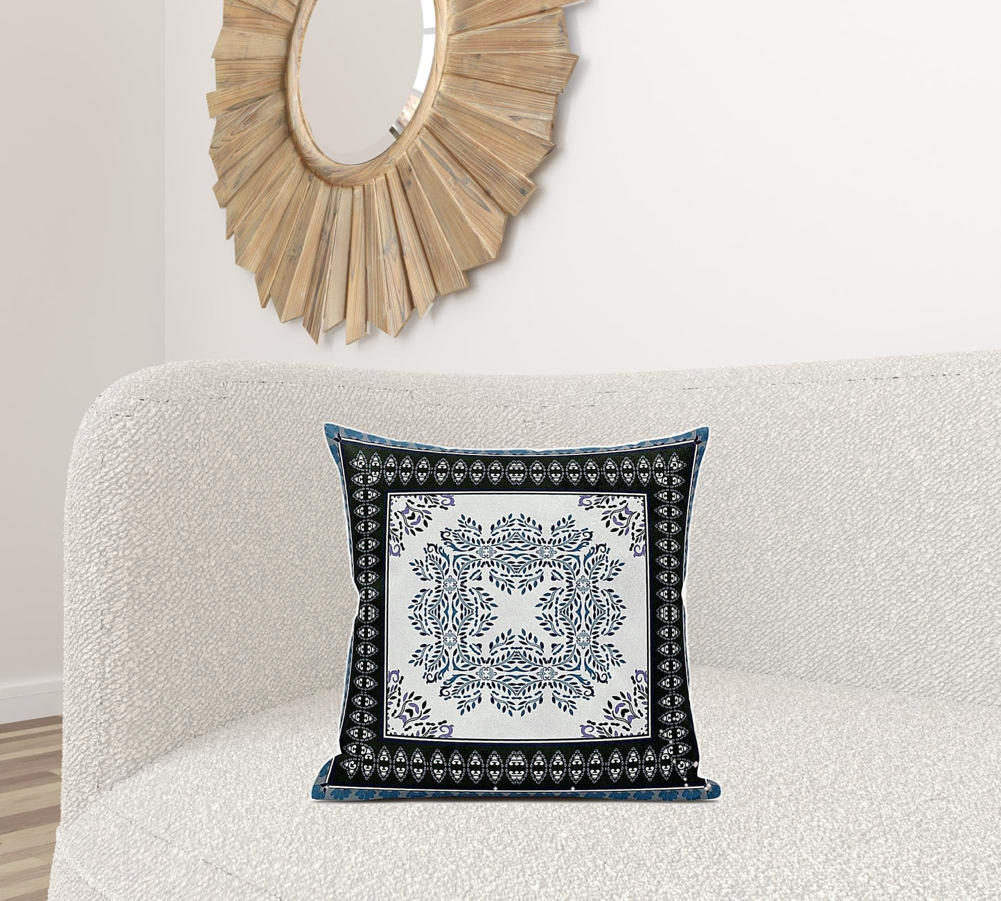 18" X 18" Black Ivory Blue Geometric Blown Seam Suede Throw Pillow