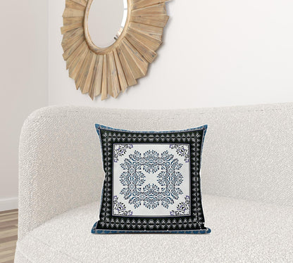 18" X 18" Black Ivory Blue Geometric Blown Seam Suede Throw Pillow