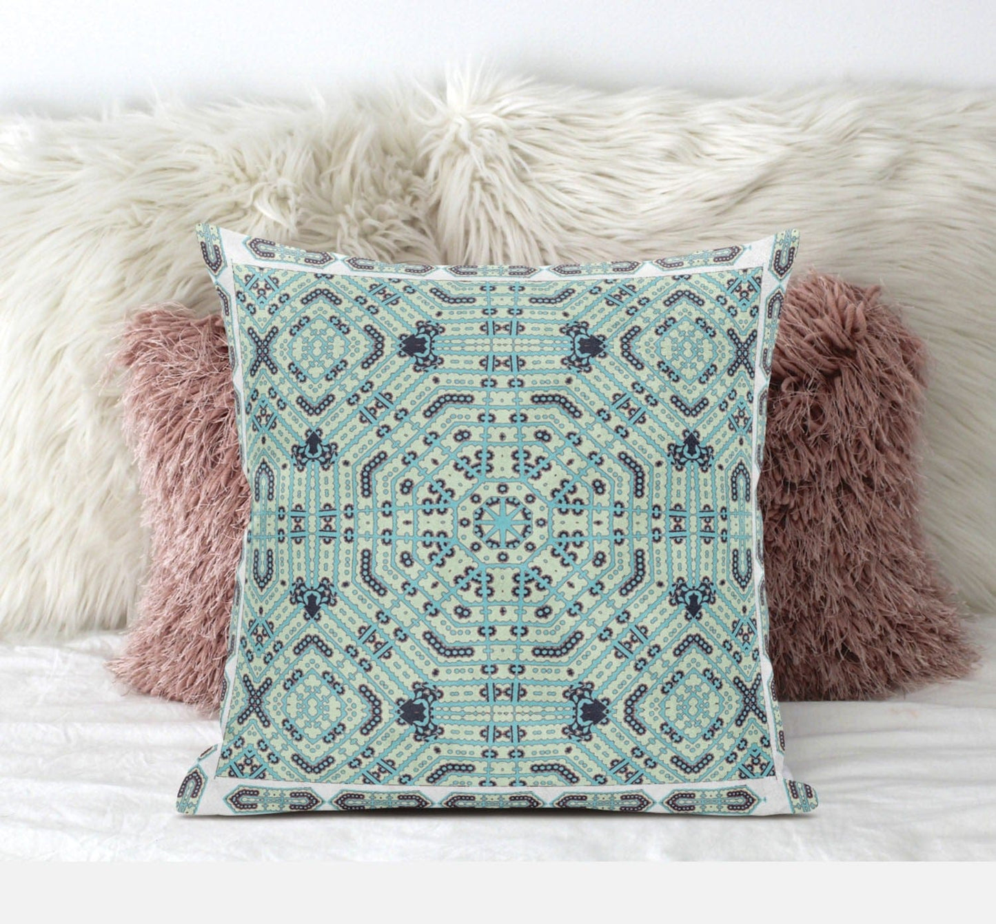 16" X 16" Blue Light Green Geometric Blown Seam Suede Throw Pillow