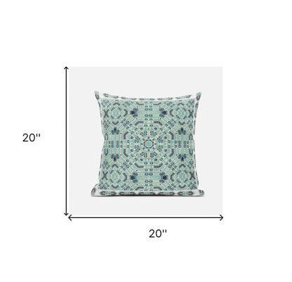 20" X 20" Blue Light Green Geometric Blown Seam Suede Throw Pillow