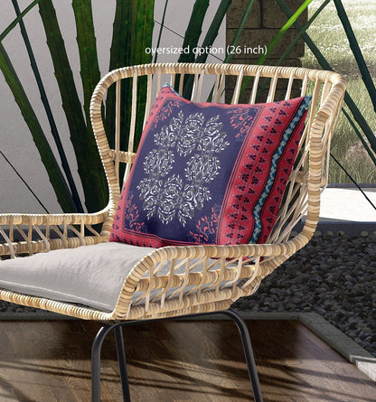 16" X 16" Indigo Red Geometric Blown Seam Suede Throw Pillow