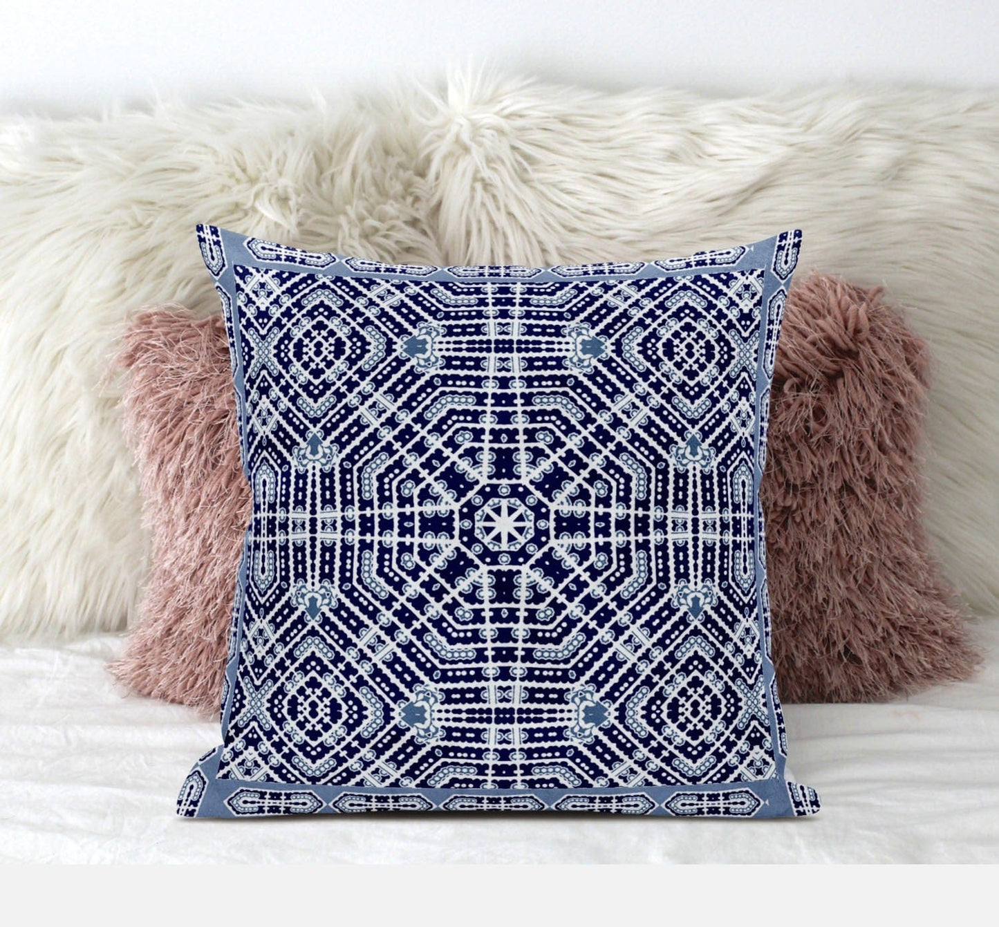 16" X 16" Indigo White Green Geometric Blown Seam Suede Throw Pillow