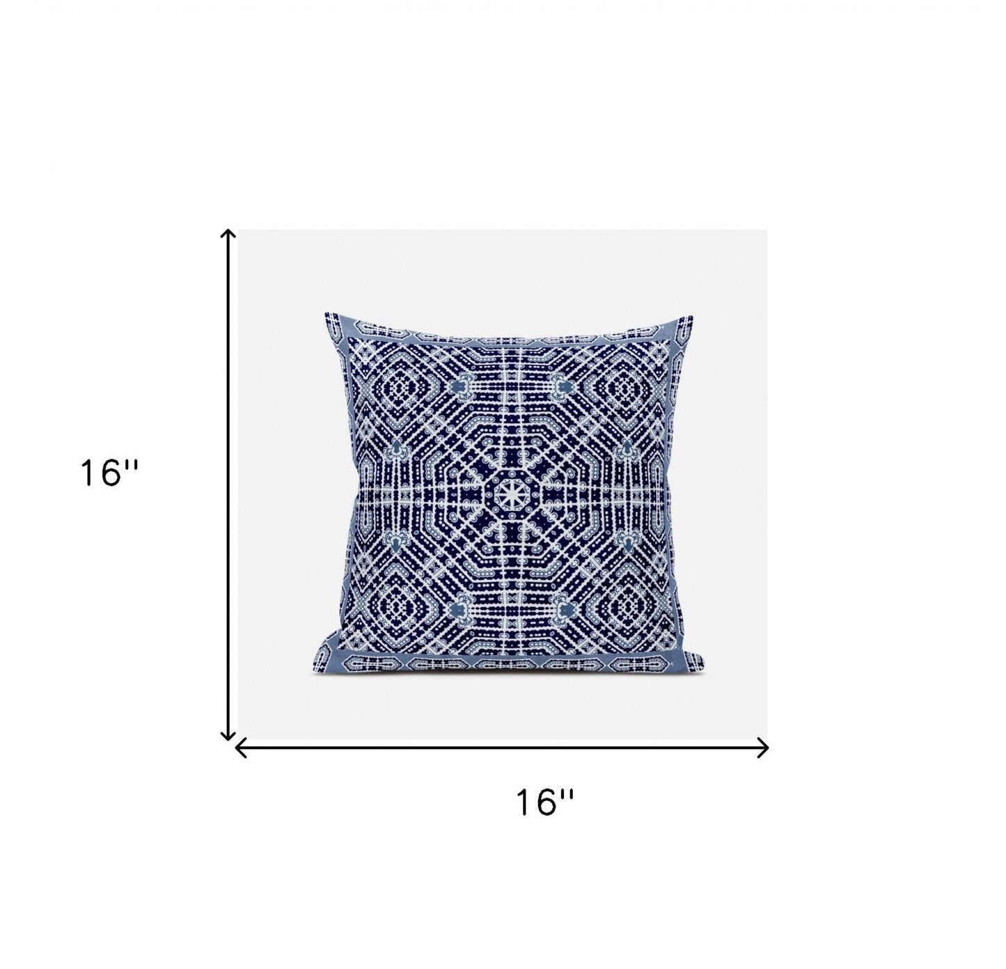 16" X 16" Indigo White Green Geometric Blown Seam Suede Throw Pillow