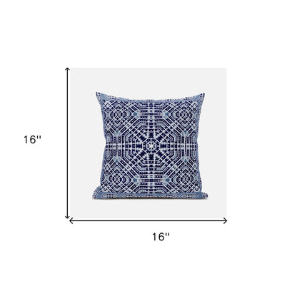 16" X 16" Indigo White Green Geometric Blown Seam Suede Throw Pillow
