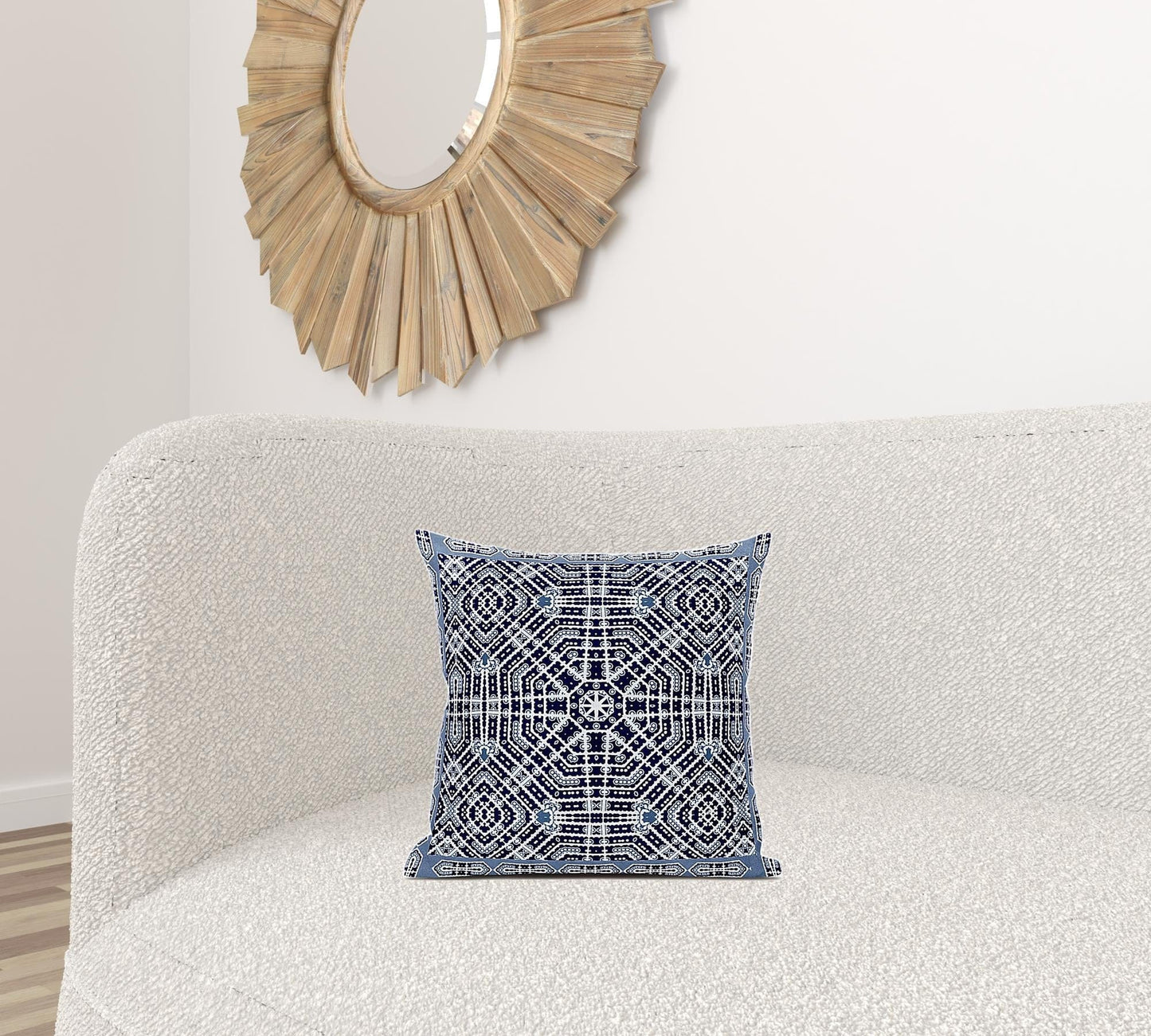 16" X 16" Indigo White Green Geometric Blown Seam Suede Throw Pillow