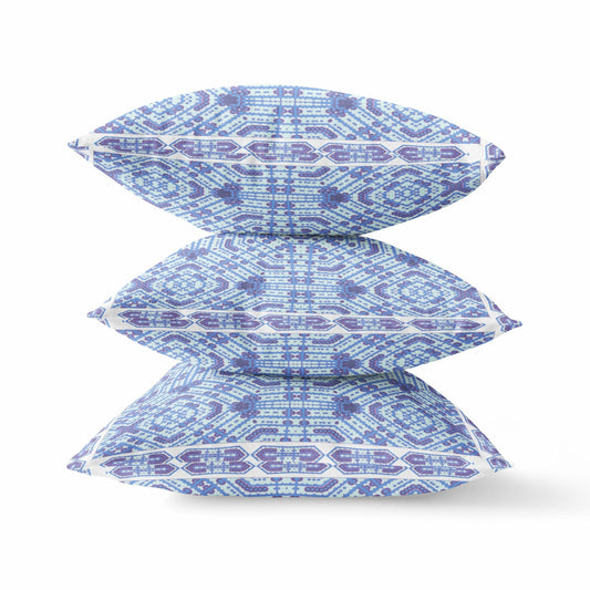 18" X 18" Indigo White Geometric Blown Seam Suede Throw Pillow