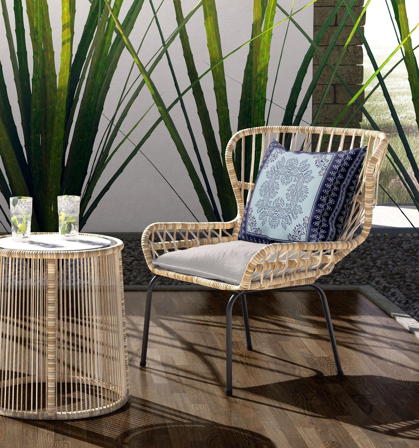 18" X 18" Indigo White Geometric Blown Seam Suede Throw Pillow