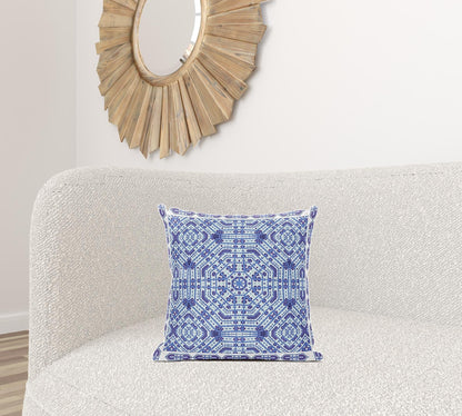 18" X 18" Indigo White Geometric Blown Seam Suede Throw Pillow