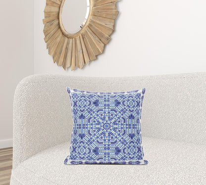 18" X 18" Indigo White Geometric Blown Seam Suede Throw Pillow