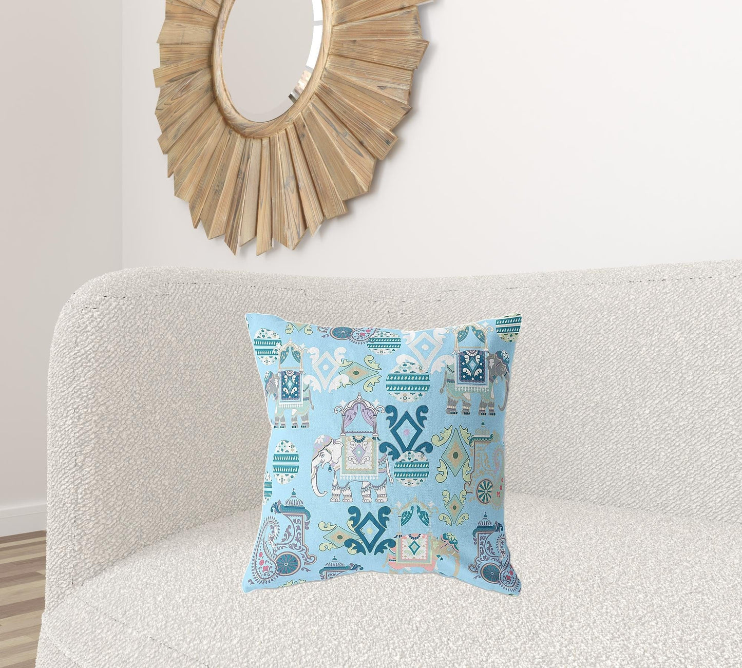 18" X 18" Sky Blue And White Paisley Zippered Suede Throw Pillow