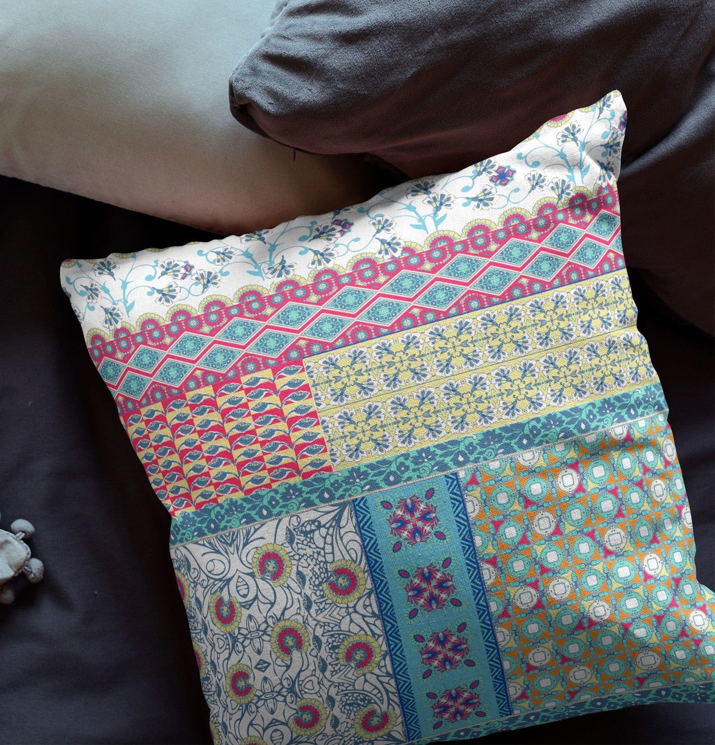 18” White Yellow Patch Zippered Suede Throw Pillow