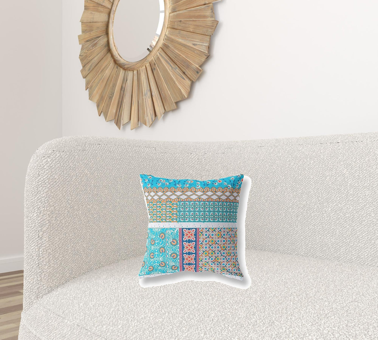 16” Turquoise White Patch Zippered Suede Throw Pillow