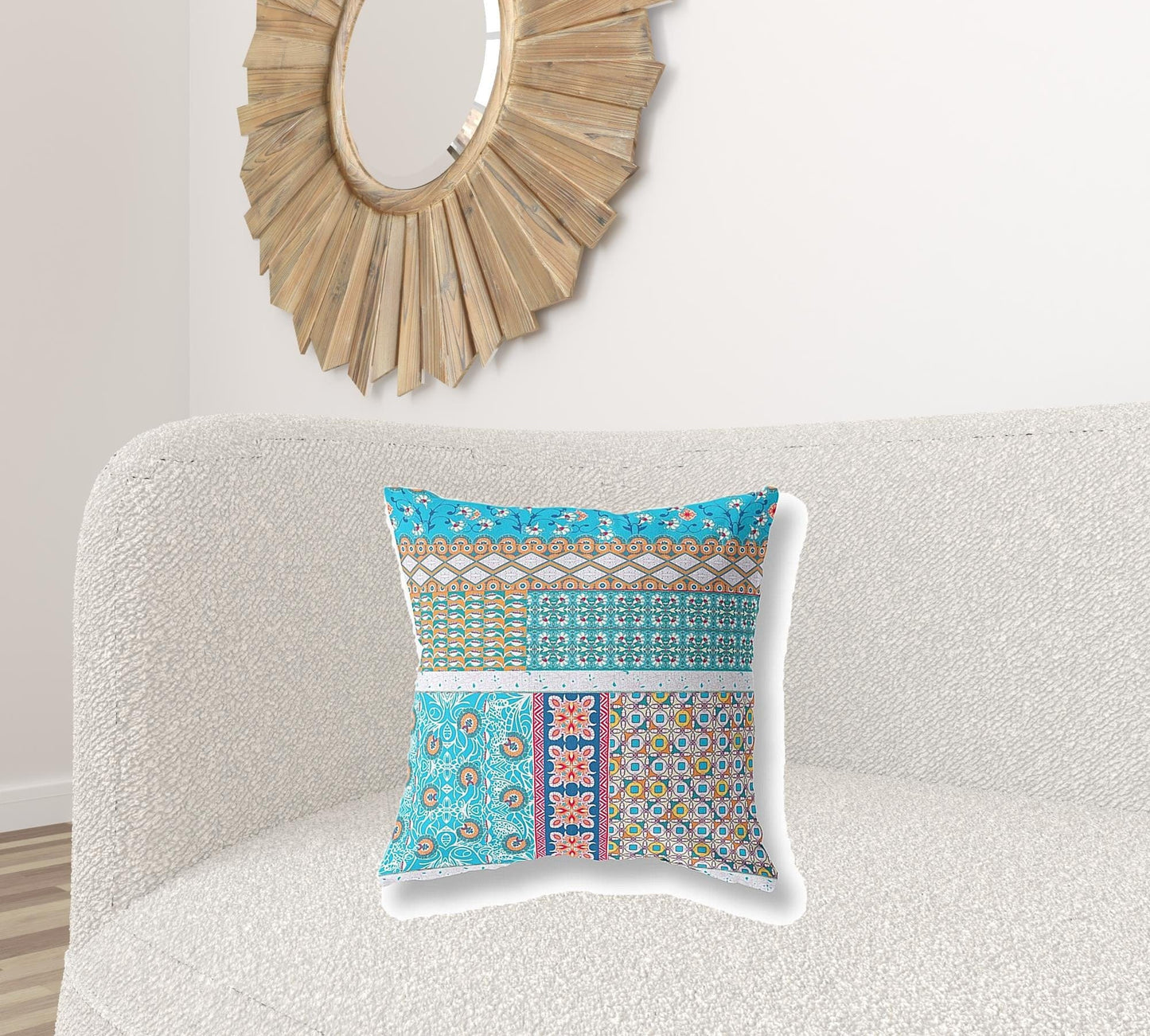 18” Turquoise White Patch Zippered Suede Throw Pillow