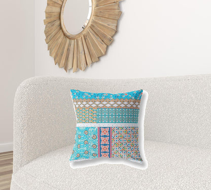 18” Turquoise White Patch Zippered Suede Throw Pillow