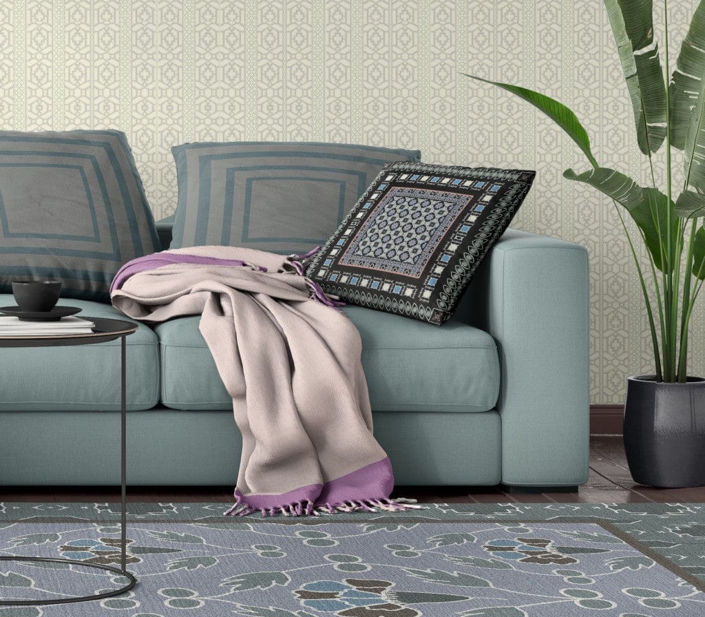 16" X 16" Black And Blue Floral Zippered Suede Throw Pillow