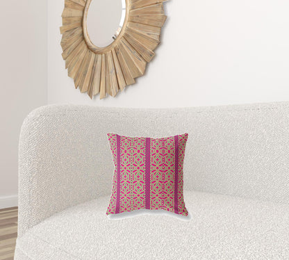 16" X 16" Pink And Green Geometric Zippered Suede Throw Pillow