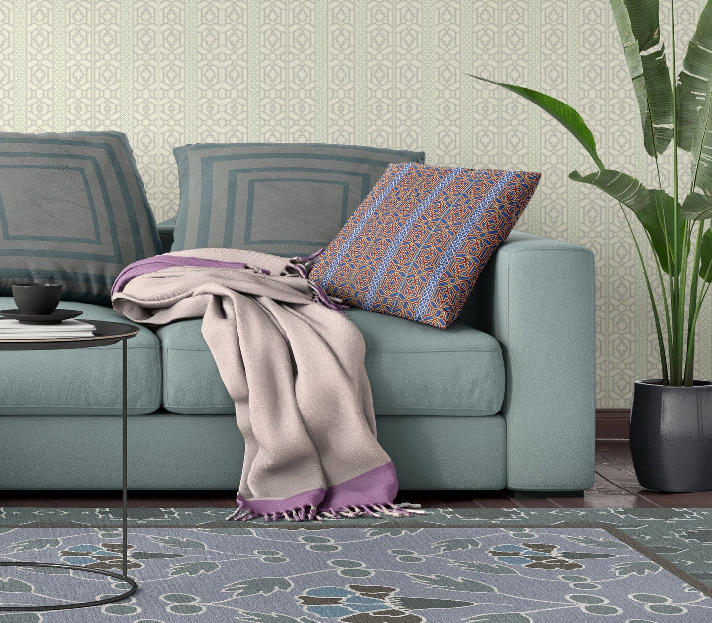 16" X 16" Blue And Red Geometric Zippered Suede Throw Pillow