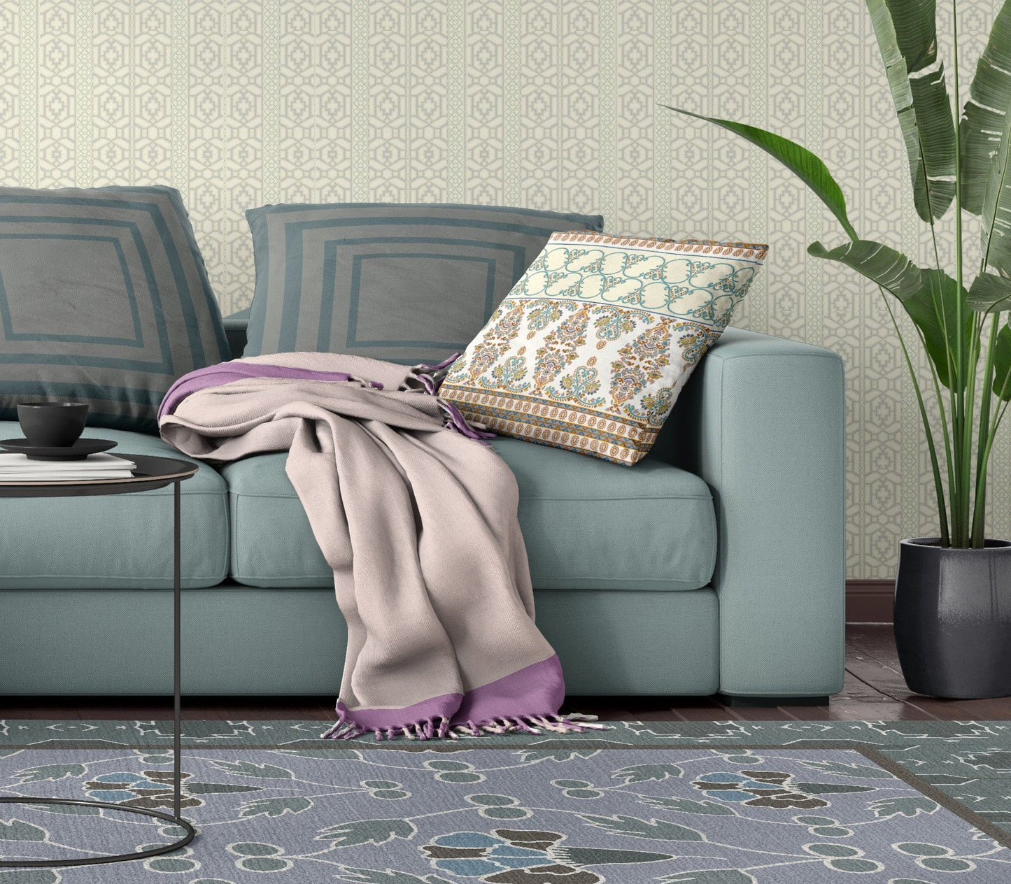 20" X 20" Orange And Teal Stencil Zippered Suede Throw Pillow