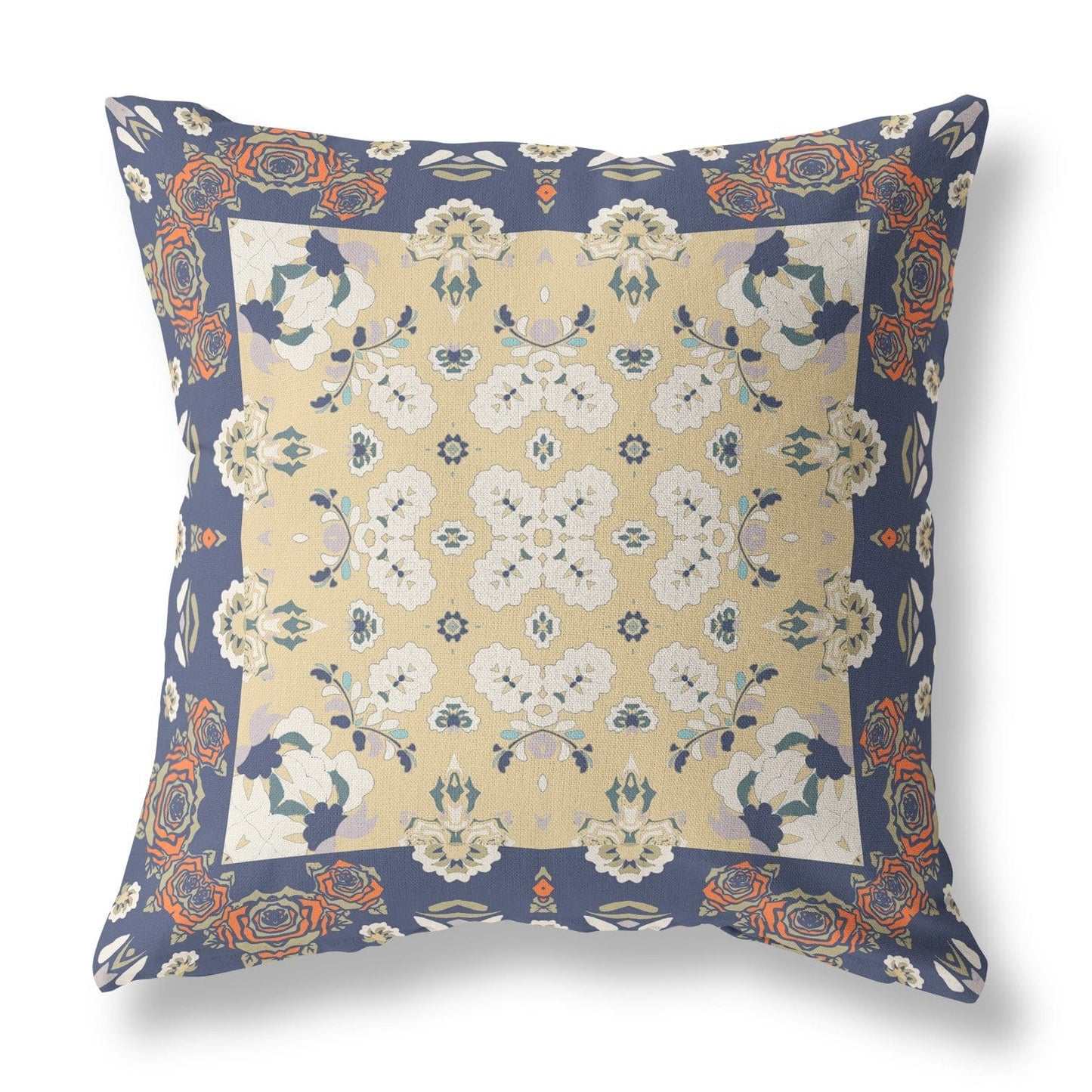 16" X 16" Blue Yellow Floral Zippered Suede Throw Pillow