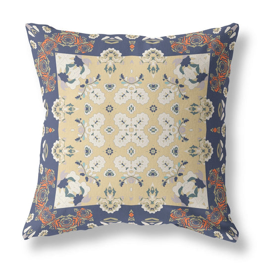 16" X 16" Blue Yellow Floral Zippered Suede Throw Pillow