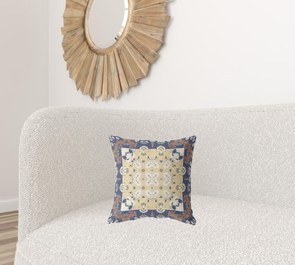 16" X 16" Blue Yellow Floral Zippered Suede Throw Pillow