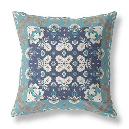 16" X 16" Gray And Blue Floral Zippered Suede Throw Pillow