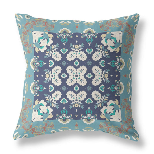 16" X 16" Gray And Blue Floral Zippered Suede Throw Pillow