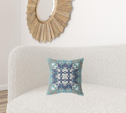 16" X 16" Gray And Blue Floral Zippered Suede Throw Pillow