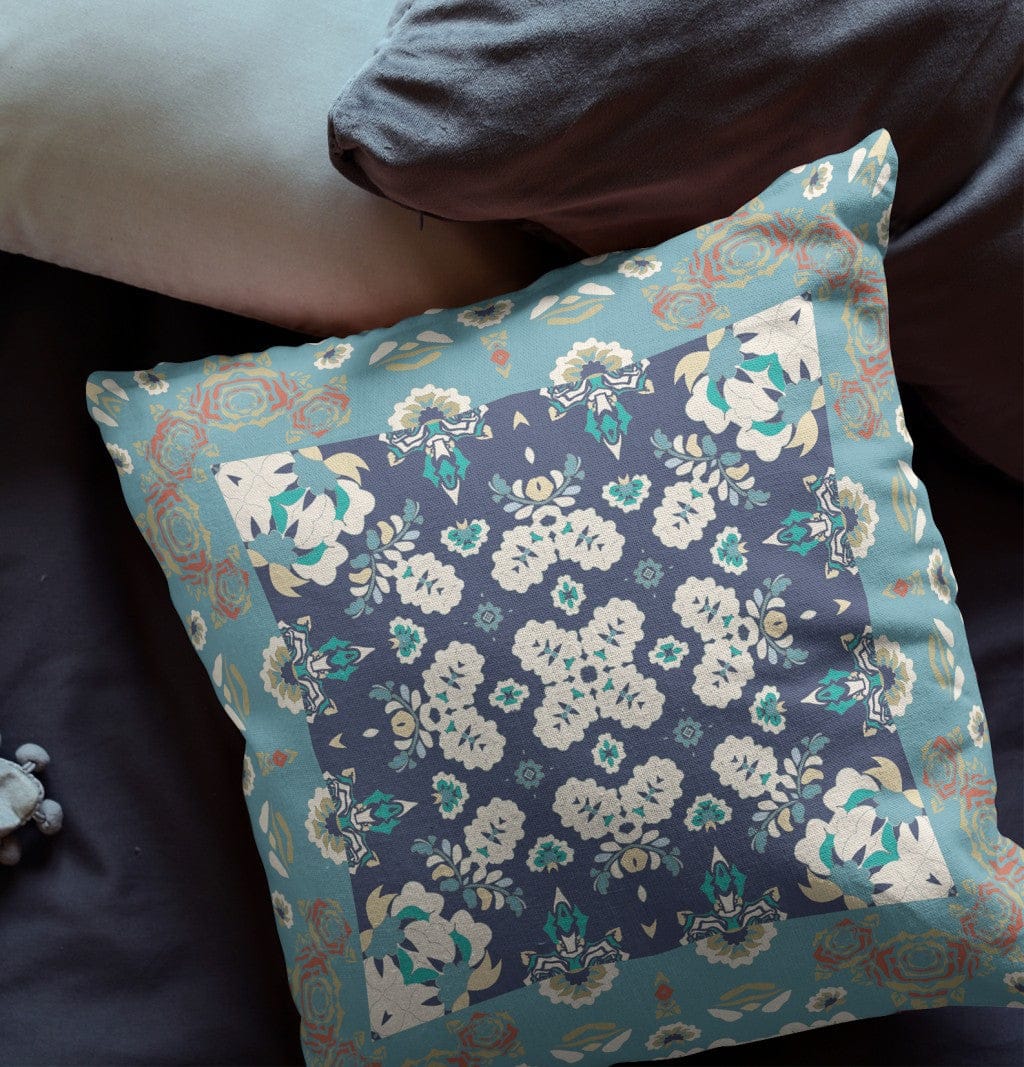 18" X 18" Gray And Blue Floral Zippered Suede Throw Pillow