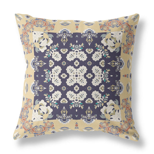 16" X 16" Yellow And Navy Floral Zippered Suede Throw Pillow