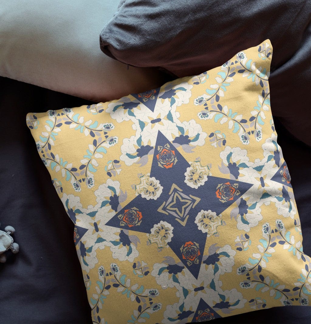 18" X 18" Yellow And Blue Floral Zippered Suede Throw Pillow