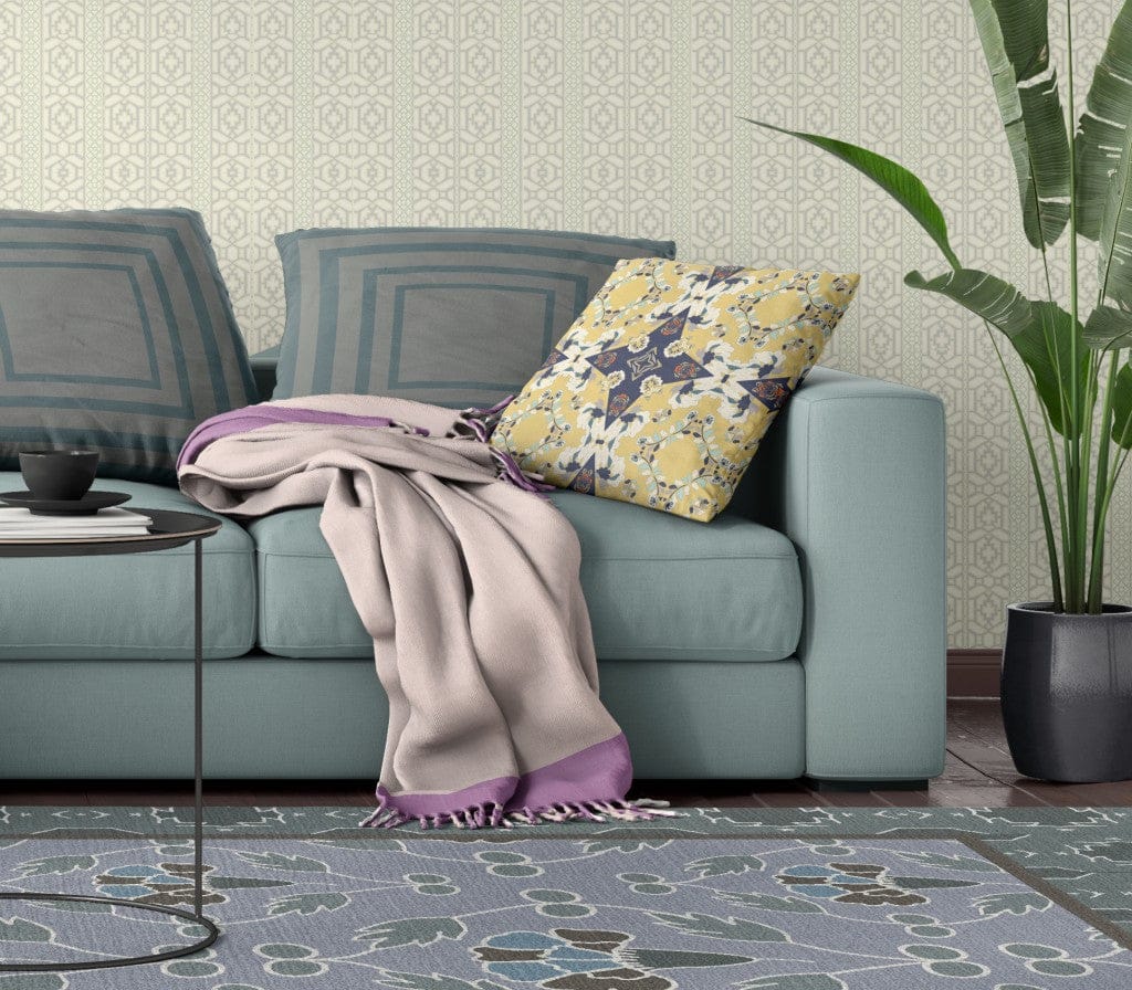 18" X 18" Yellow And Blue Floral Zippered Suede Throw Pillow