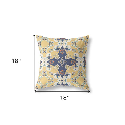 18" X 18" Yellow And Blue Floral Zippered Suede Throw Pillow