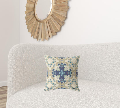 16" X 16" Cream And Blue Floral Zippered Suede Throw Pillow