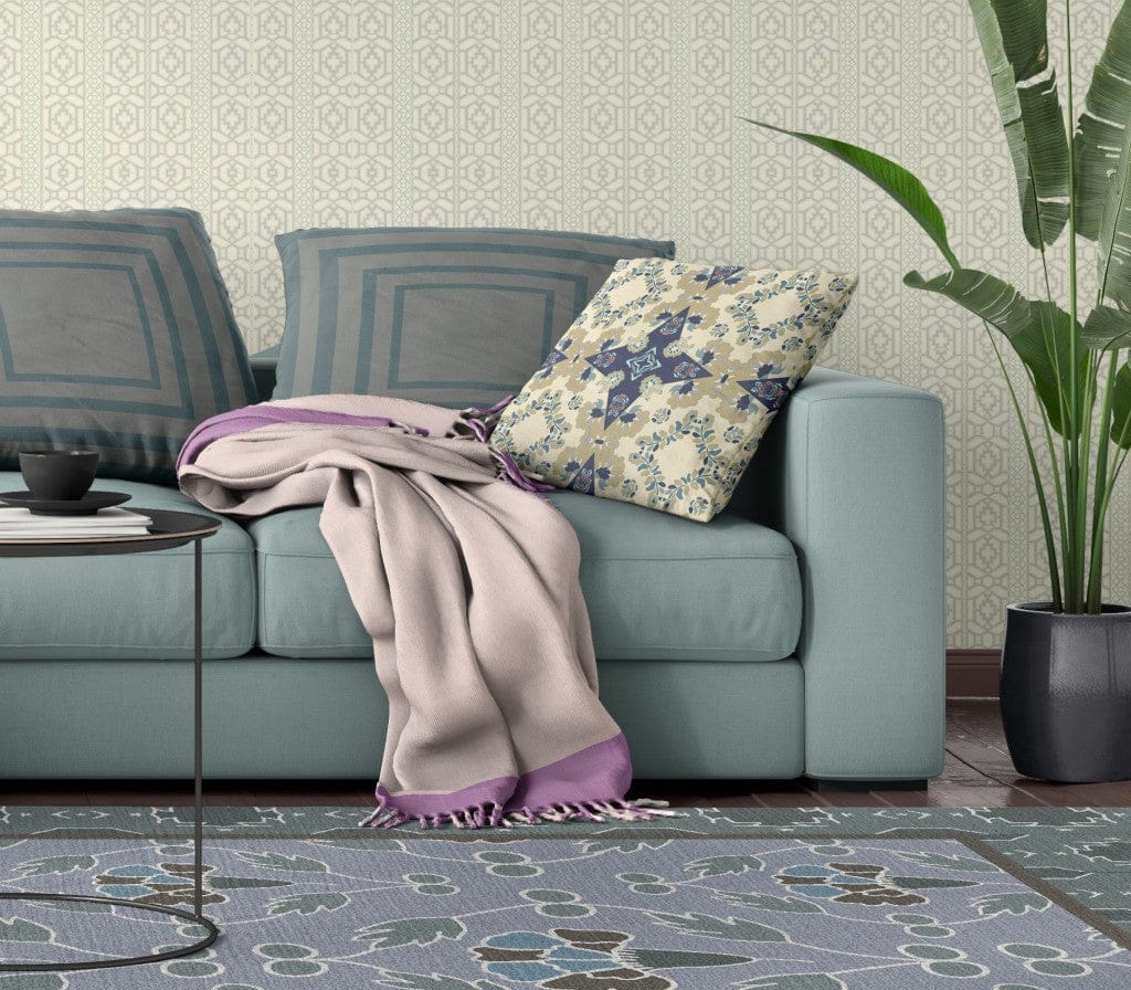 20" X 20" Cream And Blue Floral Zippered Suede Throw Pillow