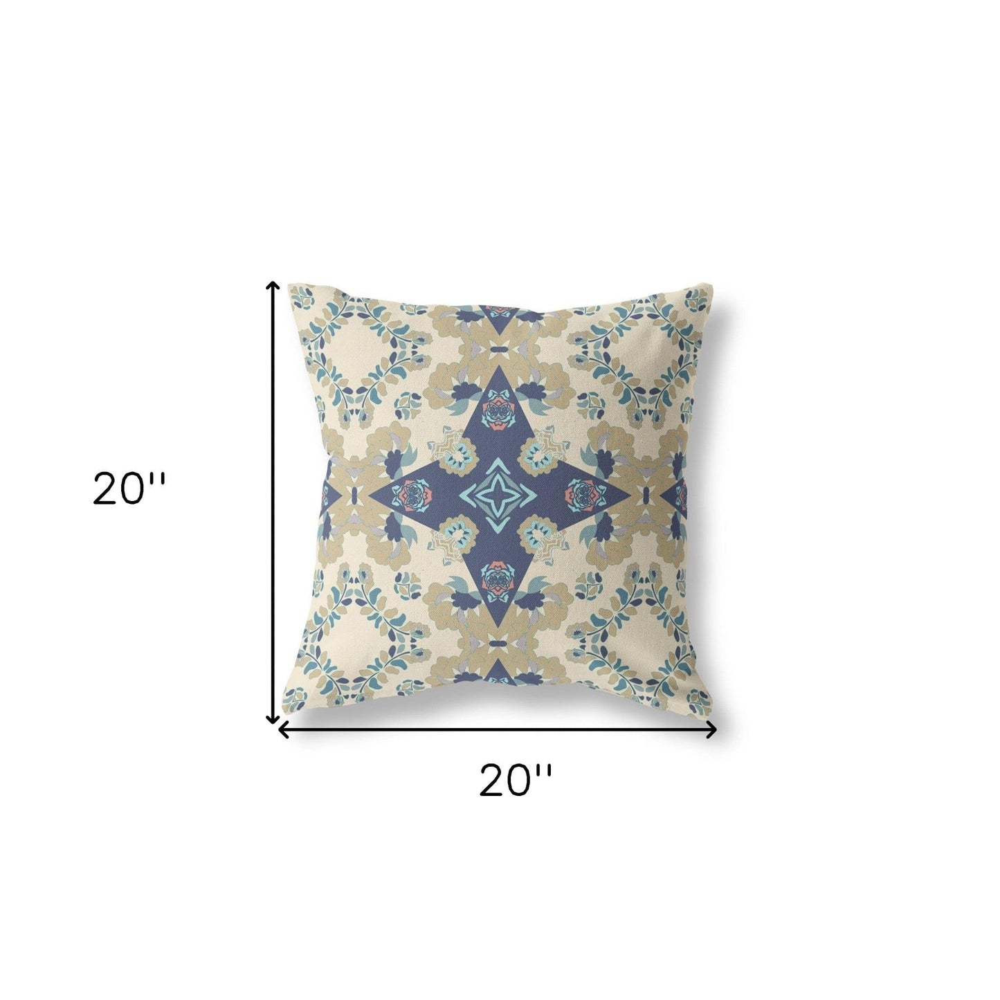 20" X 20" Cream And Blue Floral Zippered Suede Throw Pillow