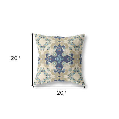 20" X 20" Cream And Blue Floral Zippered Suede Throw Pillow