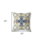 20" X 20" Cream And Blue Floral Zippered Suede Throw Pillow