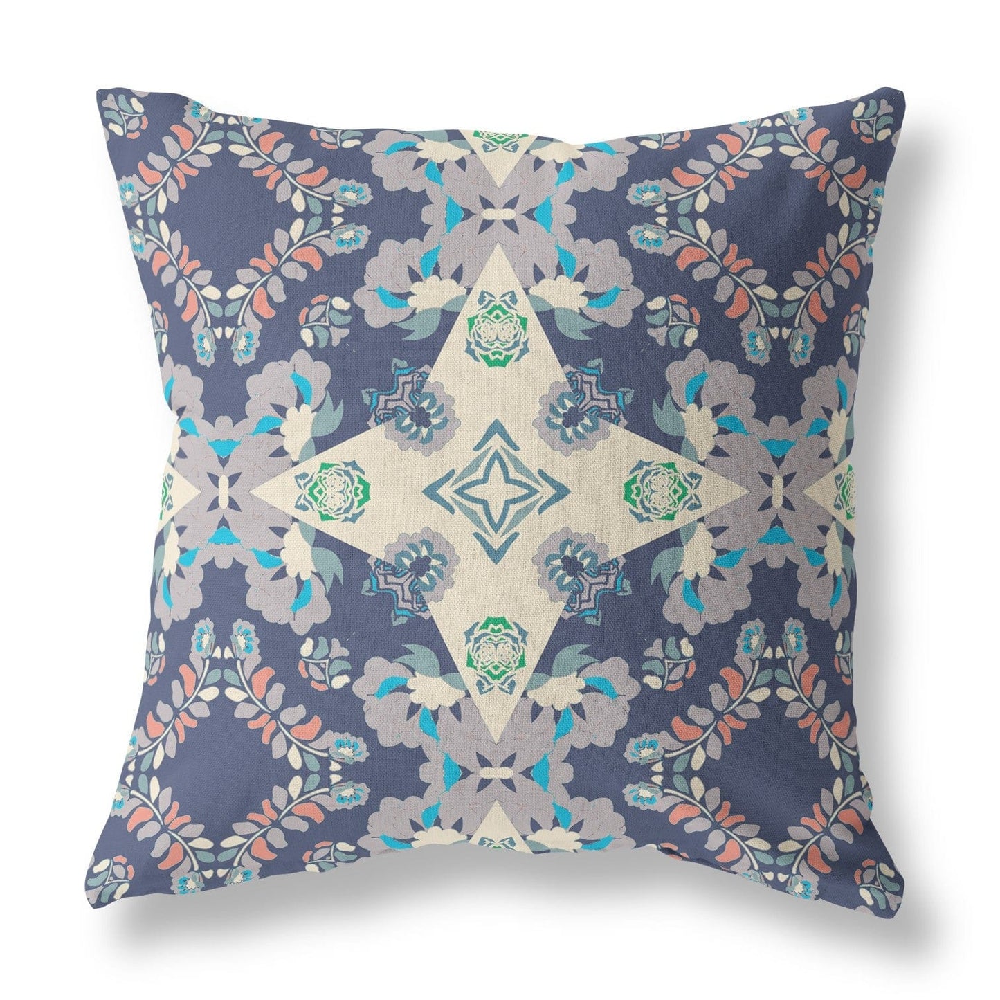 18" X 18" Blue And Off White Floral Zippered Suede Throw Pillow