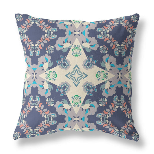 18" X 18" Blue And Off White Floral Zippered Suede Throw Pillow