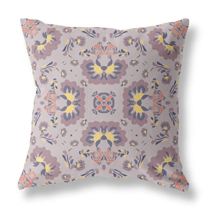 20" X 20" Muted Purple And Yellow Floral Zippered Suede Throw Pillow