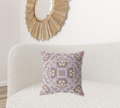 20" X 20" Muted Purple And Yellow Floral Zippered Suede Throw Pillow