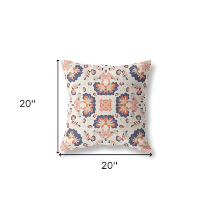 20" X 20" Off White And Blue Floral Zippered Suede Throw Pillow
