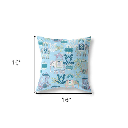 16" X 16" Sky Blue And White Paisley Blown Seam Suede Throw Pillow