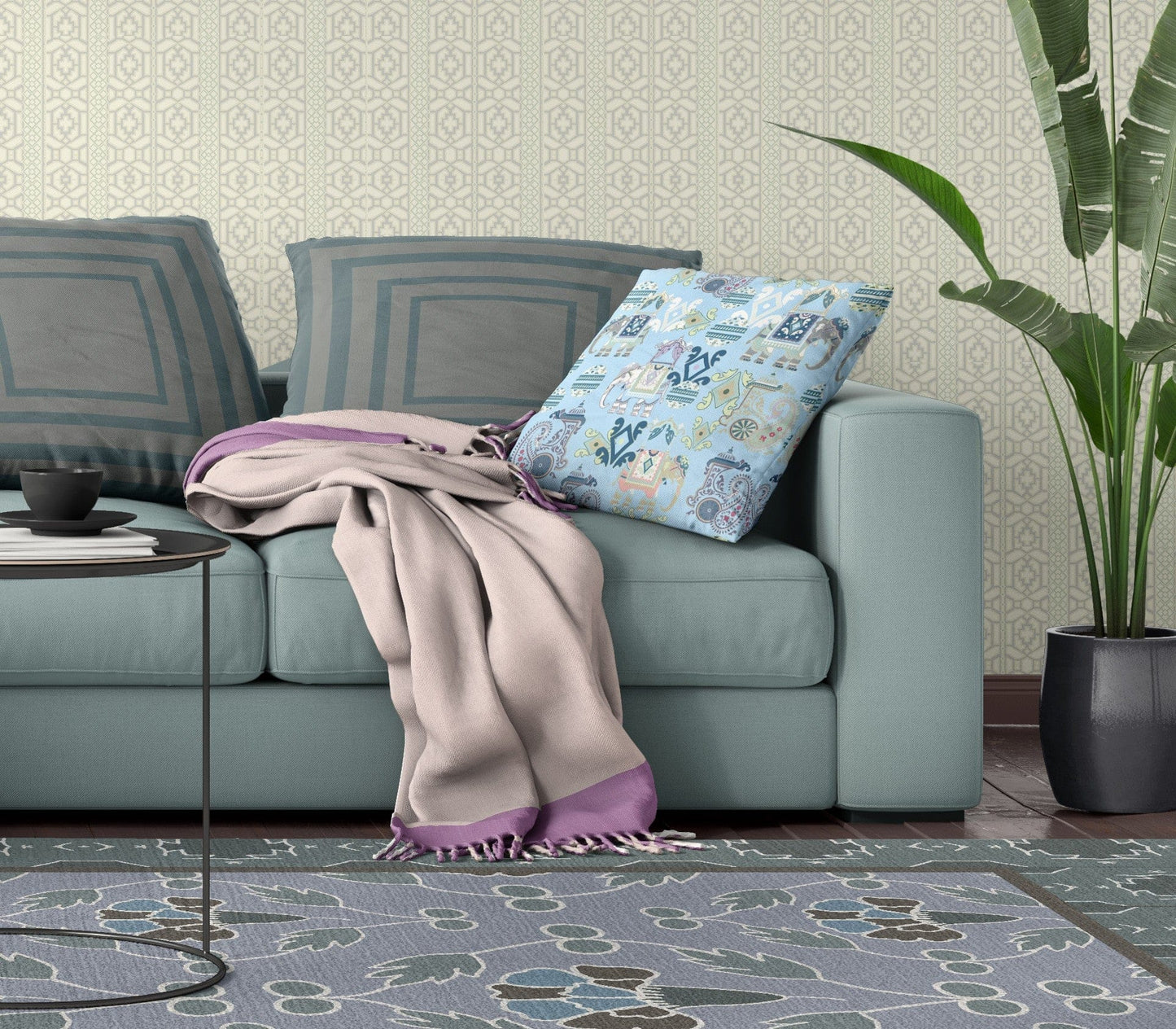 18" X 18" Sky Blue And White Paisley Blown Seam Suede Throw Pillow