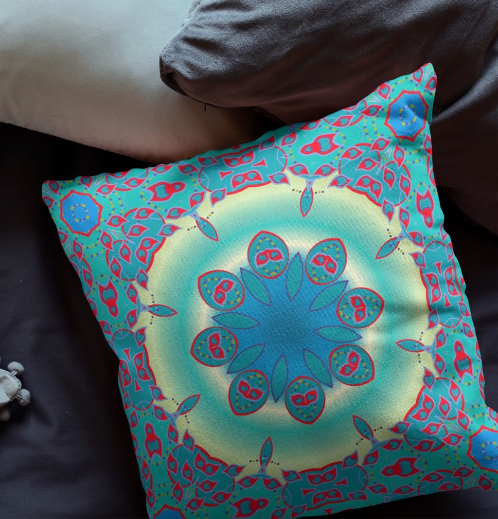 18" X 18" Green And Red Geometric Blown Seam Suede Throw Pillow