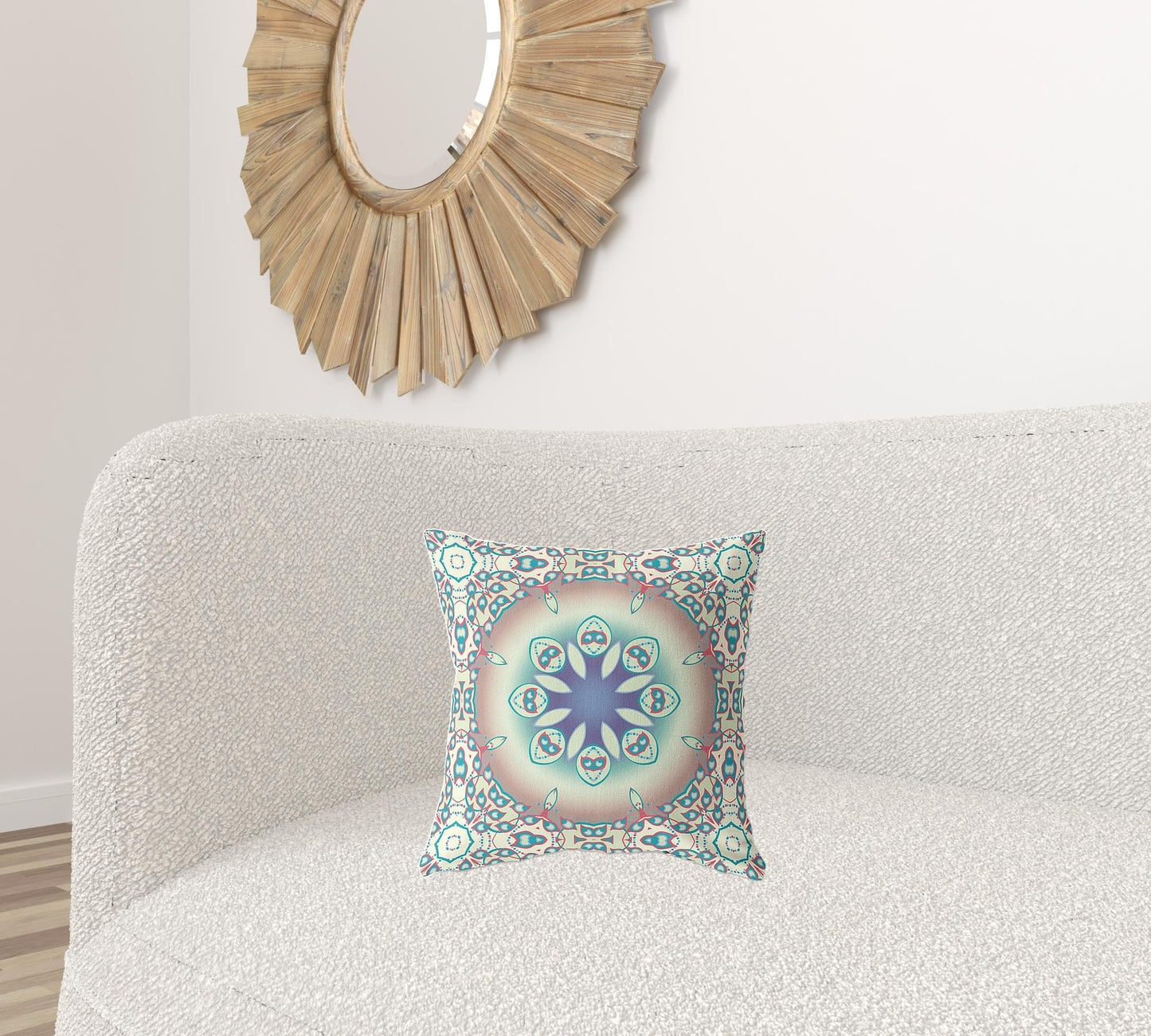 16" X 16" Beige And Blue Geometric Blown Seam Suede Throw Pillow