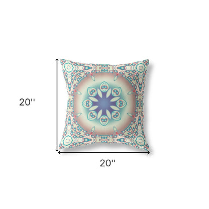 18" X 18" Beige And Blue Geometric Blown Seam Suede Throw Pillow
