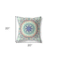 18" X 18" Beige And Blue Geometric Blown Seam Suede Throw Pillow
